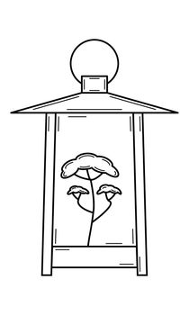 Hand drawn lantern in Japanese style with the image of bonsai.