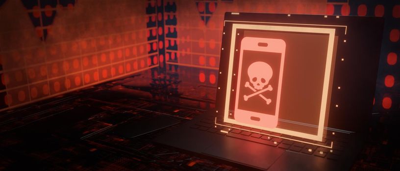 Red pirate skull smartphone screen, mobile hacking, system breach, virus 3D Render