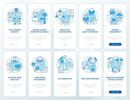 Digital customer engagement blue onboarding mobile app screen set