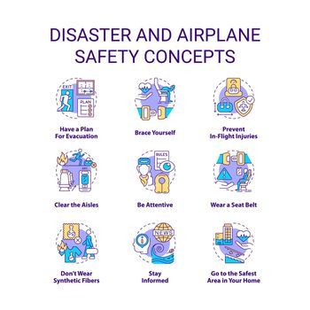 Disaster and airplane safety concept icons set