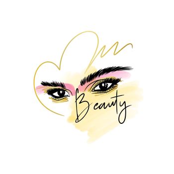 Beauty, handwritten quote. Fashion sketch of eyebrows and eyes with long eyelashes and golden makeup