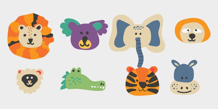 Cute cartoon animals head. Dog, pig, cow, deer, lion, sheep, tiger, panda, raccoon, monkey, fox, zebra, giraffe, elephant, hedgehog, hippopotamus