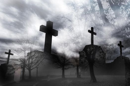 Cemetery or graveyard in the night with dark sky. Haunted cemetery. Halloween day background. Halloween day concept. Spooky and scary burial ground. Horror scene graveyard. Funeral and dead concept. 