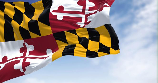 The US state flag of Maryland waving in the wind