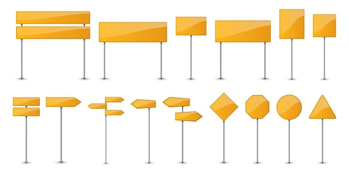 Set of yellow road text panels. Vector road signs.