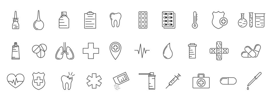 Medical outline icons. Set of linear medical icons