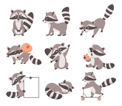 Set of cute character raccoon in different poses. Funny raccoon thief with bag and mask. Vector illustration isolated on white background