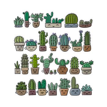 Cartoon cactus characters. Kawaii potted plant. Art background for your design