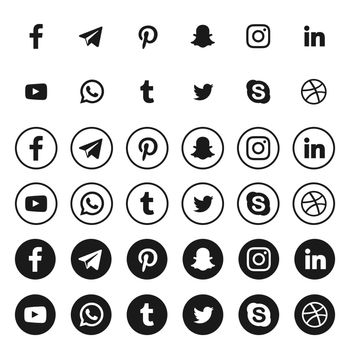 Popular social media icons set: Facebook, Twitter, Skype, Pinterest, Instagram, WhatsApp, Snapchat, Linkedin, You Tube, Telegram, Dribbble, Tumblr. Vinnitsa, Ukraine. June 2020.