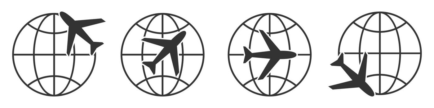 Planet Earth symbol with airplane icon. Aircraft icon with globe Earth symbol