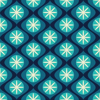 Ogee wavy floral 70s turquoise blue seamless pattern design illustration