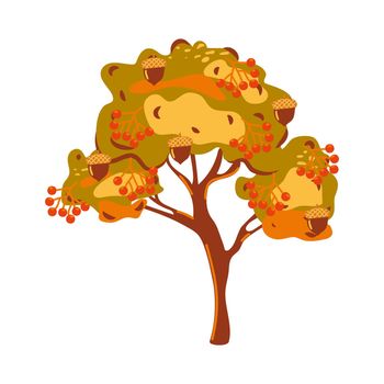 Cartoon autumn tree with acorns and red berries