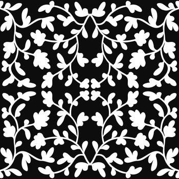 Vintage abstract seamless pattern with white leaves on black background. For fabric design. Background, wallpaper, wrapping paper. Vector seamless pattern. Vintage, retro design.