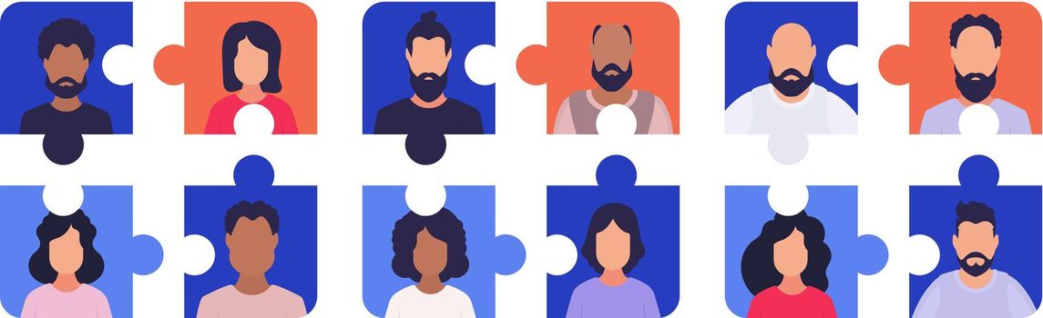 People in a puzzle collage. Vector illustration.