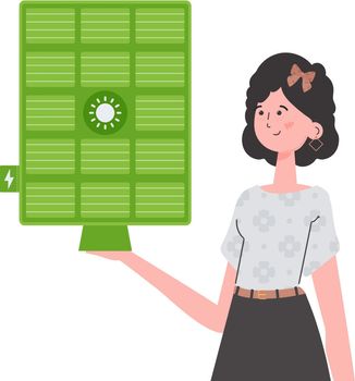 The girl holds a solar panel in her hand. Green energy concept. Isolated. Vector. trendy style.