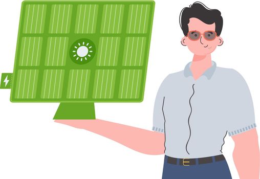 The guy is holding a solar panel in his hand. Eco energy concept. Isolated. Vector. trendy style.