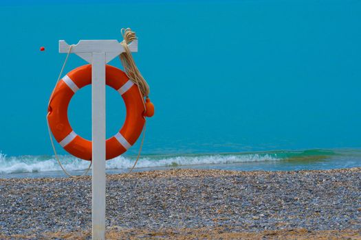 Life sos sunset red buoy danger equipment lifebuoy circle ring, concept assistance security from lifesaver from preserve float, sky resort. Swim vertical day,