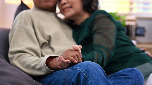 Cropped image of elderly couple holding hands while sitting together comfortable couch. Retirement lifestyle, health insurance concept
