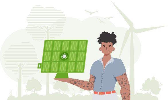 Eco energy concept. A man holds a solar panel in his hand. Vector. trendy style.