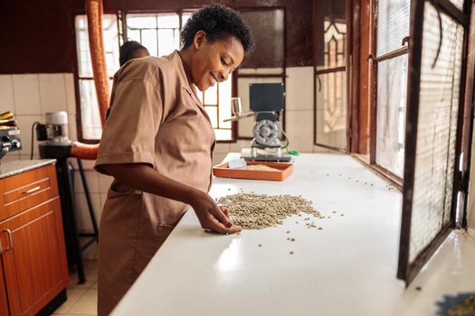Happy female worker sifting and sorting coffee beans for tasting