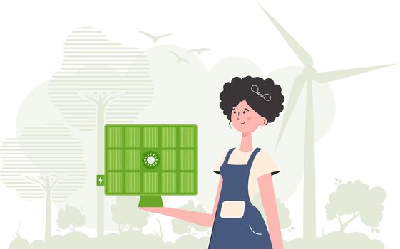 Eco energy concept. A woman holds a solar panel in her hand. Vector. trendy style.