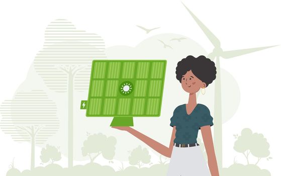 Green energy concept. The girl holds a solar panel in her hand. trendy style. Vector illustration.