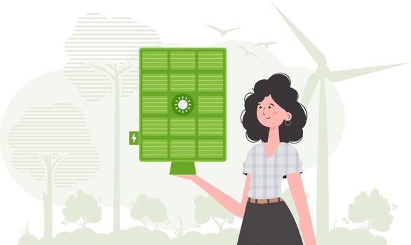 Eco energy concept. The girl holds a solar panel in her hand. Vector illustration.