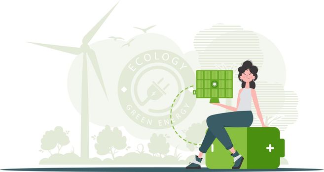 Eco energy concept. A woman sits on a battery and holds a solar panel in her hands. Vector illustration.