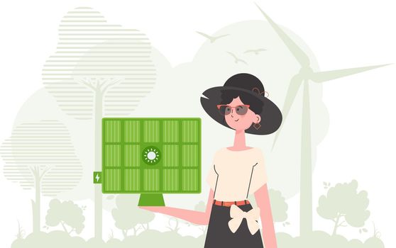 Eco energy concept. The girl holds a solar panel in her hand. trendy style. Vector illustration.