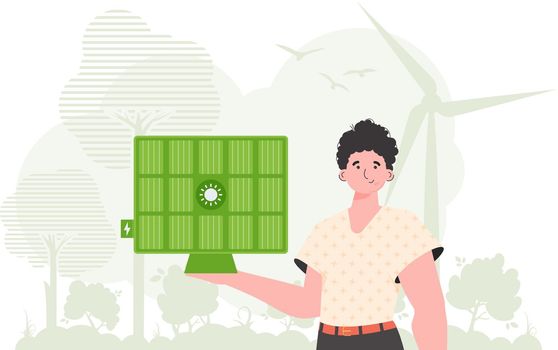Eco energy concept. The guy is holding a solar panel in his hand. Vector. trendy style.