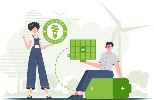 A girl and a guy and a solar panel. Green energy concept. Vector illustration.