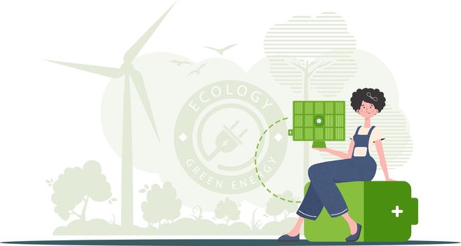 Eco energy concept. A woman sits on a battery and holds a solar panel in her hands. Vector. trendy style.