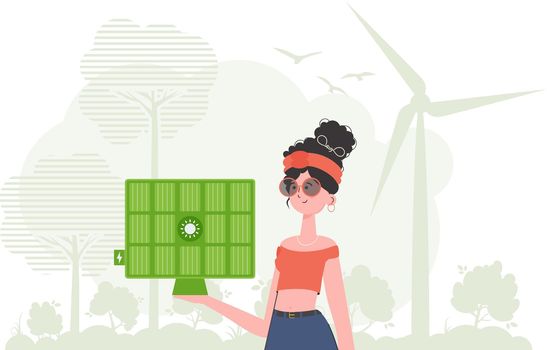 Eco energy concept. A woman holds a solar panel in her hand. Vector illustration.