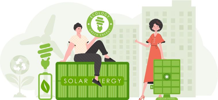 Girl and guy and solar panels. Eco energy concept. Vector.