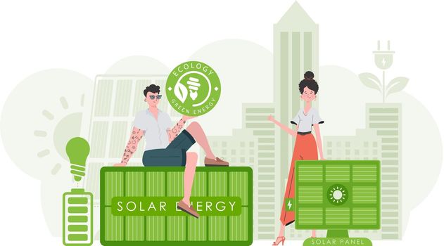 Guy and girl and solar panels. Eco energy concept. Vector illustration.