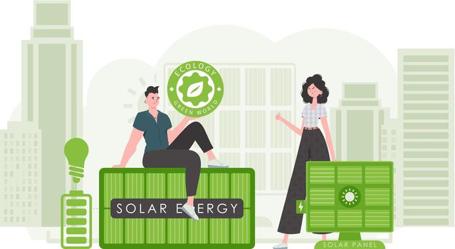 Guy and girl and solar panels. Eco energy concept. Vector.
