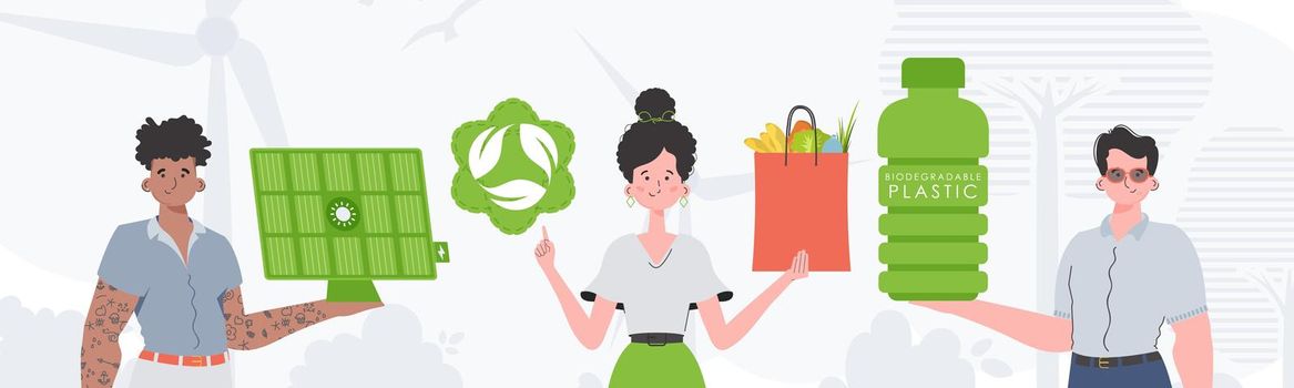Caring about the environment. ECO friendly People. Flat trendy style. Vector illustration.