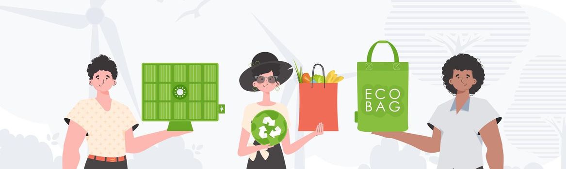 Ecology friendly. ECO friendly People. Fashion characters. Vector illustration.