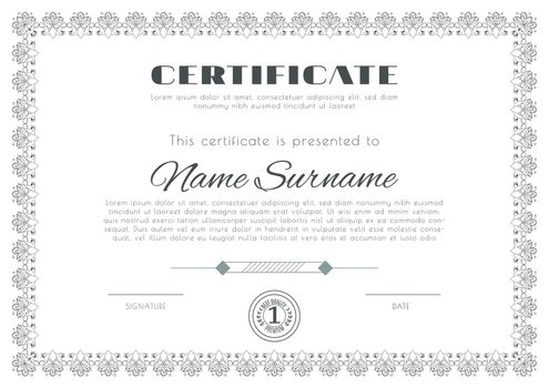 Certificate with ornamental thin frame . White Design blank with dark ornamental frame. Business modern design. Vector illustration