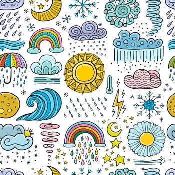 Weather seamless pattern. Meteorology symbols in childish style. Art background for your design. Vector illustration