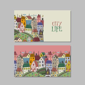 Vintage old city, cute houses. Concept art for your business. Creative ideas for cards, banner, web, promotional materials. Corporate identity template. Vector illustration