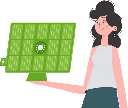 The girl holds a solar panel in her hand. Eco energy concept. Isolated. Vector. trendy style.
