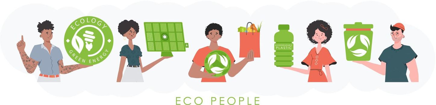 Caring for the environment. ECO friendly People. Fashion trend characters. Vector.