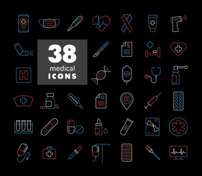 Medicine and healthcare, medical support icons set