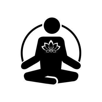 Yoga icon with lotus in flat style. Meditate and love concept. Yoga symbol isolated on white background Simple abstract yoga and love icon in black Vector illustration for graphic design, Web, UI, app