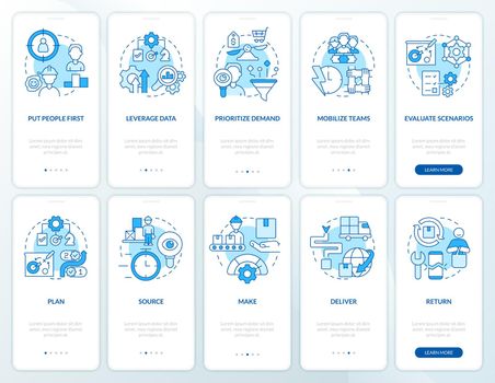 Supply chain priorities blue onboarding mobile app screen set