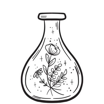 Vector doodle bottle of magic potion. Witchcraft glass bottle. Alchemy elixir in glass flask. Hand drawn illustration of witch poison with leaves, flowers and floral