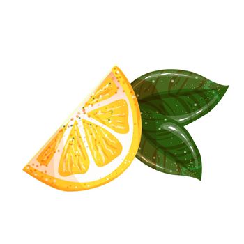 Yellow lemon slice vector. Lemon on a white background with green leaves.