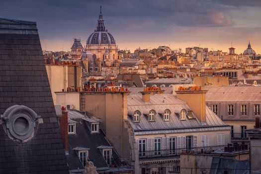 Quarter latin parisian roofs and domes at sunrise Paris, France
