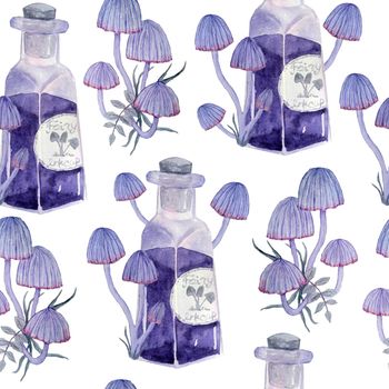 Watercolor hand drawn seamless pattern with apothecary potion brew purple witch forest herbs, leaves. Spooky horror witchcraft Halloween background. Wood mystic print.